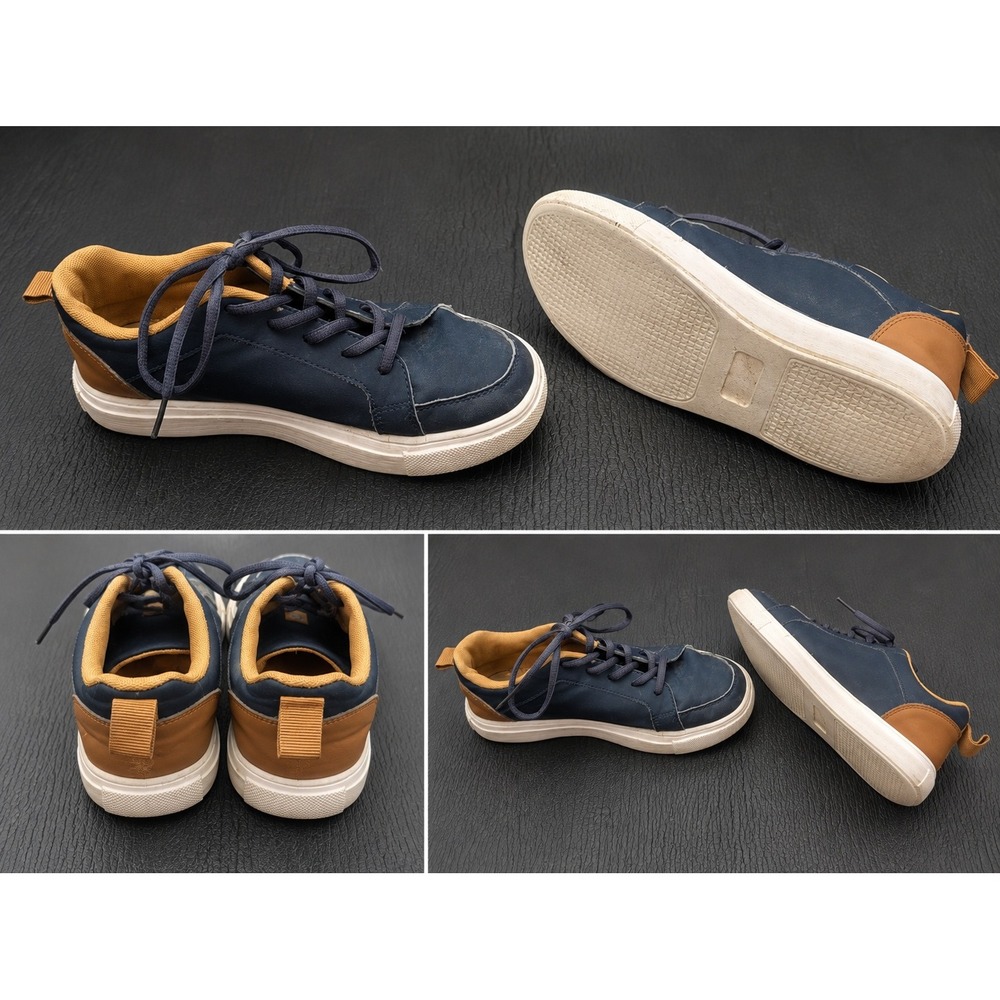 Mens Navy Blue Faux Leather Low Top Sneakers Tan Accents Casual Lace Up Shoes